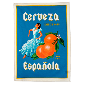Cotton tea towel featuring a stylized "Cerveza Española" design, with an illustration of a woman in traditional Spanish dress