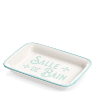 Rectangular ceramic soap dish with a light blue border and printed text 'Salle de bain'