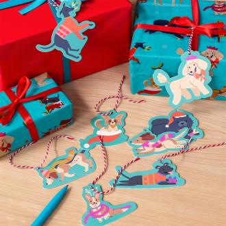 Christmas gift tags featuring various dog designs