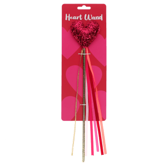 Red heart wand with glittery top and ribbon streamers in packaging