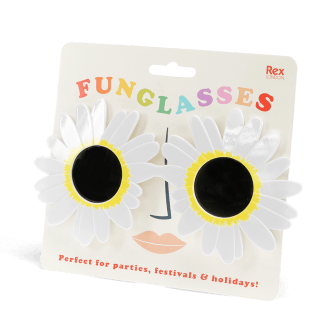 funglasses with a white daisy-shaped frame and dark lenses with packaging