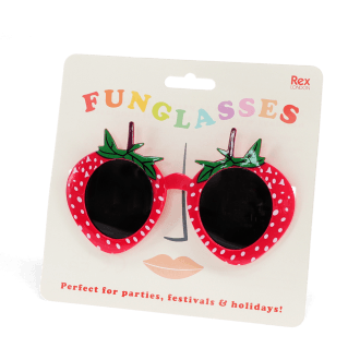 Red strawberry-shaped funglasses with green leaves, and dark round lenses with packaging