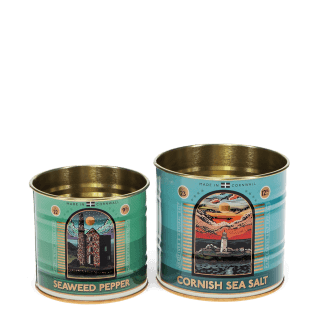Two storage tins, one labelled "Seaweed Pepper" and the other "Cornish Sea Salt"