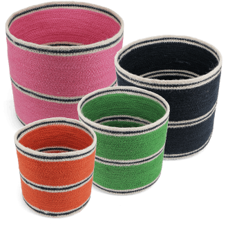 Four woven storage baskets in varying sizes and colours