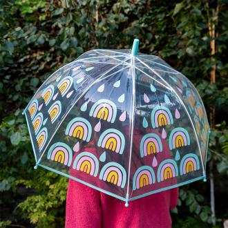 Transparent umbrella with light blue trim and rainbow pattern