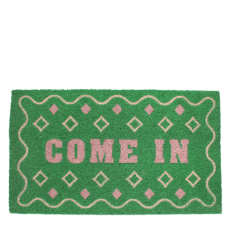 doormat featuring come in print with green background