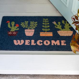 Colourful doormat featuring different pot of plant and welcome letter print 