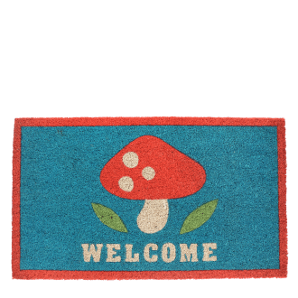 Colourful doormat featuring red mushroom and a welcome letter print 