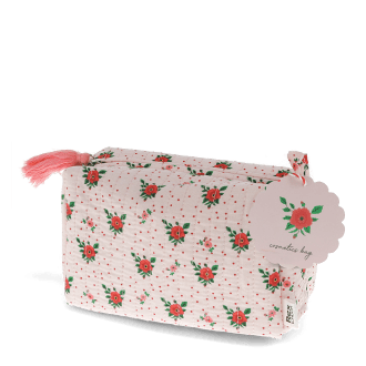 Rectangular makeup bag in pale pink with a floral pattern of small red and green flowers with tag