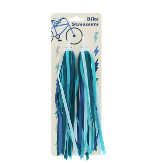 Bike streamers with blue and teal ribbons in a packaging