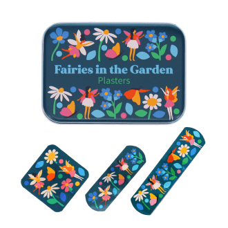 Fairy in the garden plasters beside a matching tin with fairy, butterfly, and flower illustrations