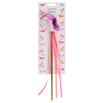 Pink unicorn wand with glittery top and ribbon streamers in packaging