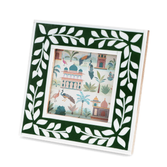 Square green picture frame with white leaf patterns on the border.