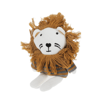 Knitted lion toy wearing a striped sweater, with white knitted legs