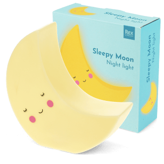 Yellow moon night light shown next to the packaging box 