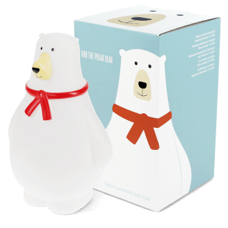 White polar bear night light wearing a red scarf shown next to the packaging box