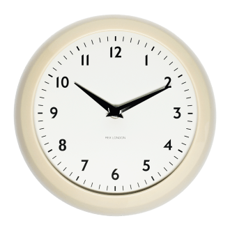 Round cream wall clock with black hands and numbers