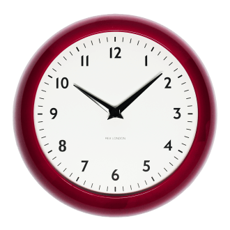 Round red wall clock with black hands and numbers,