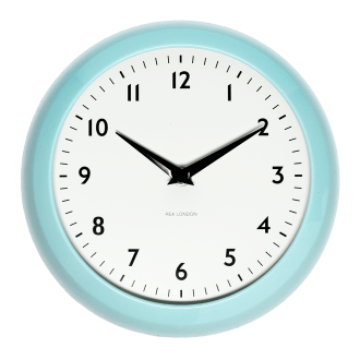 Round blue wall clock with black hands and numbers