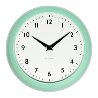 Round mint green wall clock with black hands and numbers