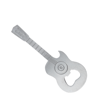 Guitar-shaped fridge magnet with built-in bottle openers in silver