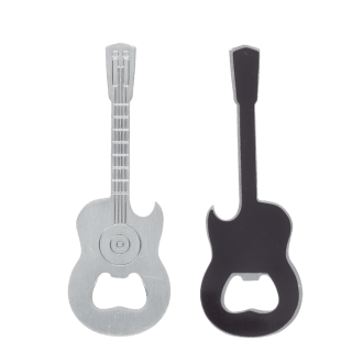 Guitar-shaped fridge magnets with built-in bottle openers, one in silver and one black