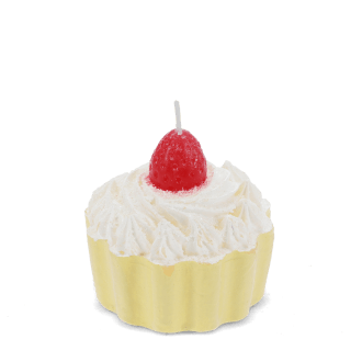 Yellow cupcake-shaped candle with a decorative strawberry on top