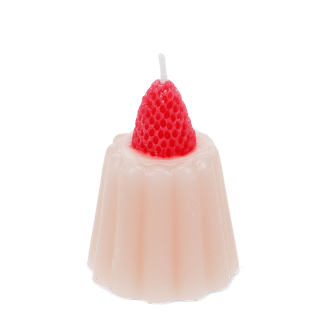 Pink jelly-shaped candle topped with a decorative red strawberry.