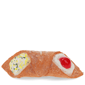 Brown pastry-shaped candle with cream and red cherry decorations on top