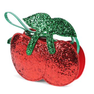 Children’s glitter handbag shaped like a red cherry, with green leaves and a green strap