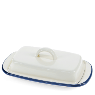 Rectangular white enamel butter dish with a blue rim and a handled lid