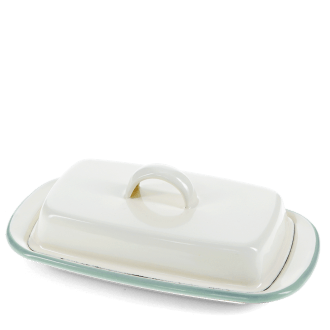 Rectangular white enamel butter dish with a pistachio green rim and a handled lid.
