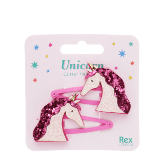 Pair of pink hair clips with glittery unicorn heads in packaging