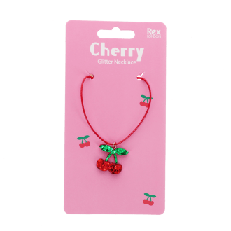 Children’s necklace with red cord and sparkling cherry pendant in packaging