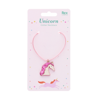 Children’s necklace with pink cord and sparkling unicorn pendant in packaging