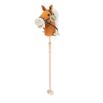 hobby horse toy with white mane and black bridle on a wooden stick