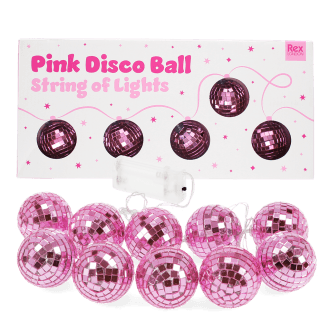 String of pink disco ball lights shown with packaging in the background.