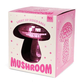 Pink disco mushroom table lamp in a pink box with cut-out window.