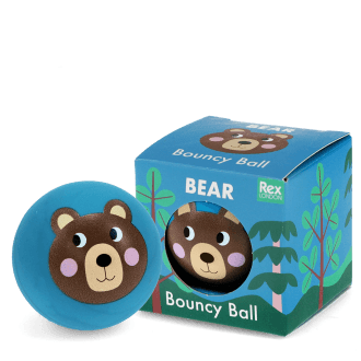 Blue bouncy ball with a bear face design next to its matching box 