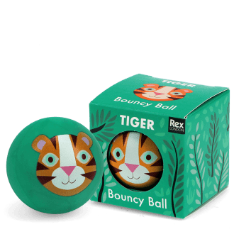 Green bouncy ball with a tiger face design next to its matching box 