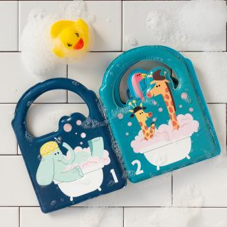 Colour changing bath book' featuring an elephant in a bathtub wearing a yellow polka-dotted shower cap