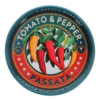 Round metal serving tray with vintage-style tomato and pepper text design and chili illustration