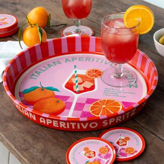 Round metal serving tray with Italian Aperitivo Spritz design featuring cocktail and oranges
