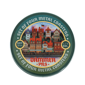 Round coaster with vintage German beer design and colorful town illustration