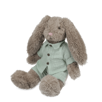 Plush bunny toy with floppy ears, wearing light green shirt and pants