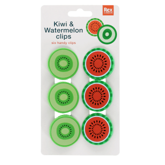 Pack of six round bag clips shaped like kiwi and watermelon slices in green and red