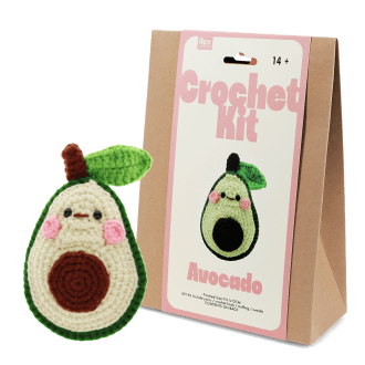 Avocado crochet kit with packaging and finished crocheted avocado beside it