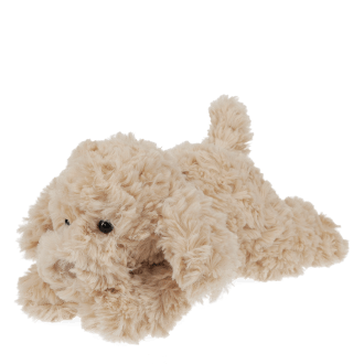 Light brown plush dog toy lying down with floppy ears and soft fur