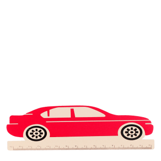 A red ruler shaped like a car with measurement markings along the bottom edge