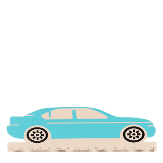 A blue ruler shaped like a car, with measurement markings along the bottom edge